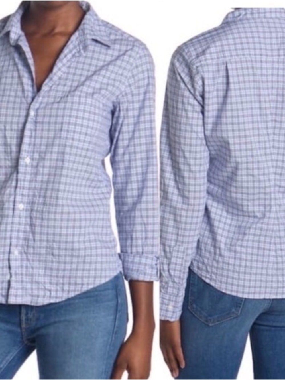 Frank & Eileen Women’s Barry Light Blue/Pink Plaid Button-Up Linen Shirt - Picture 9 of 9